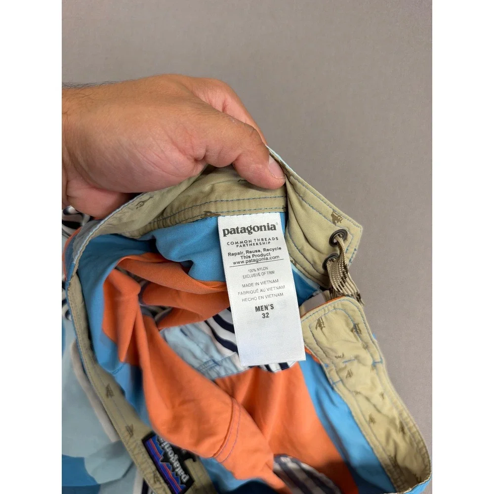 Patagonia Mens 32 Board Shorts Orange Blue Striped Swim Trunks 9 Inseam Nylon